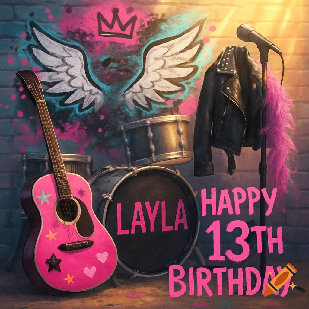 A pink guitar, drum set with 'LAYLA' on it, leather jacket, and microphone stand against a graffiti wall with wings and 'HAPPY 13TH BIRTHDAY'.