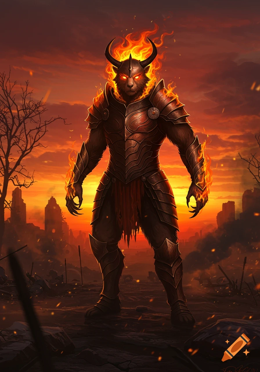 An armored, fiery minotaur-like warrior with glowing eyes and horns stands in a desolate, burning landscape at sunset.