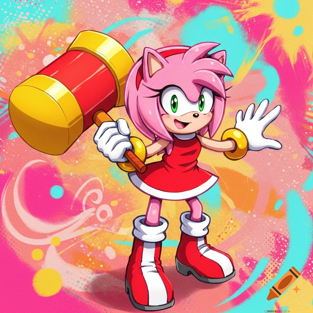 Amy Rose from Sonic the Hedgehog smiles, holding a large red hammer against a vibrant, abstract background.