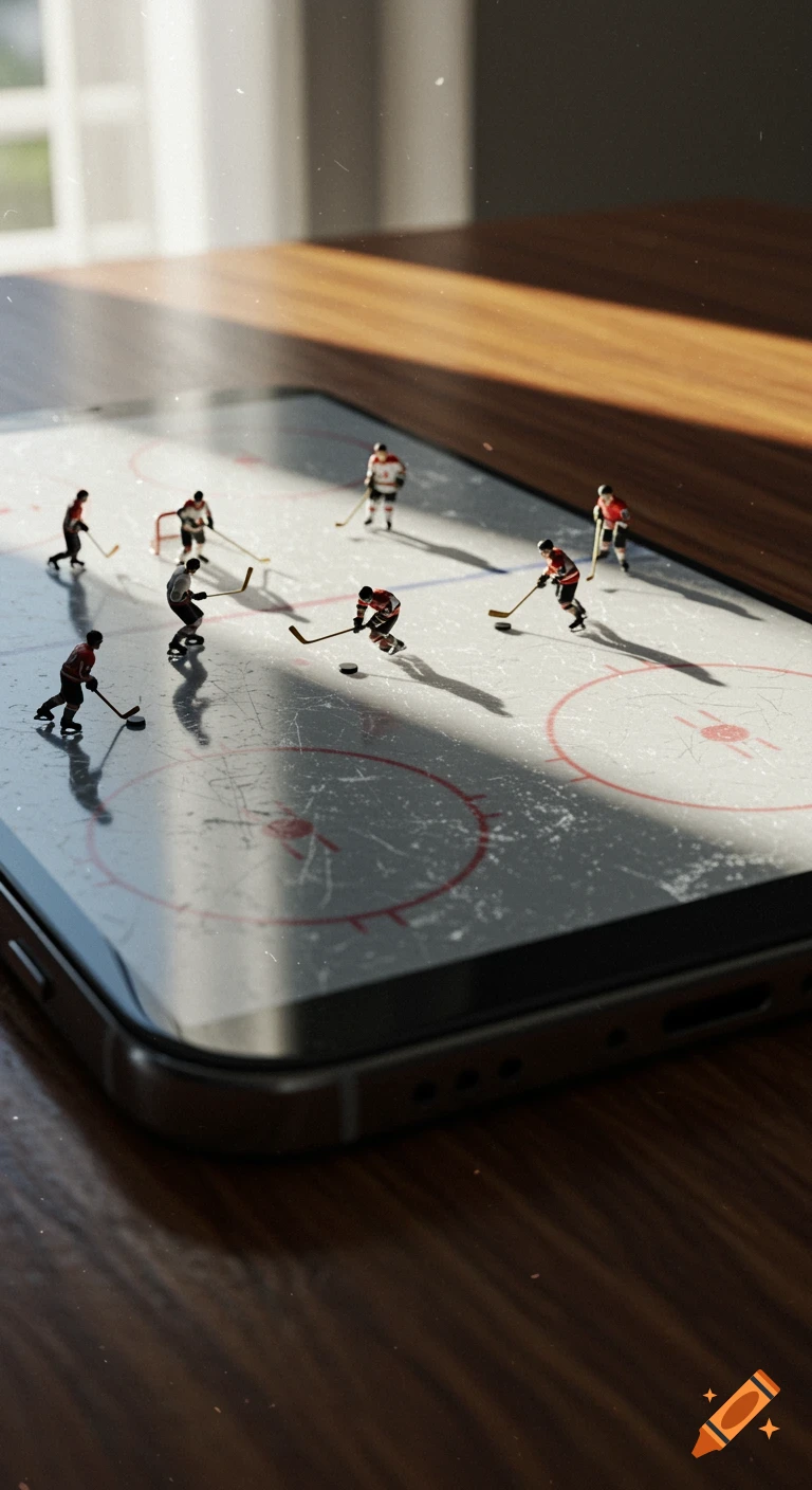 Miniature hockey players compete on a smartphone screen transformed into an ice rink, lying on a wooden table with cinematic lighting.
