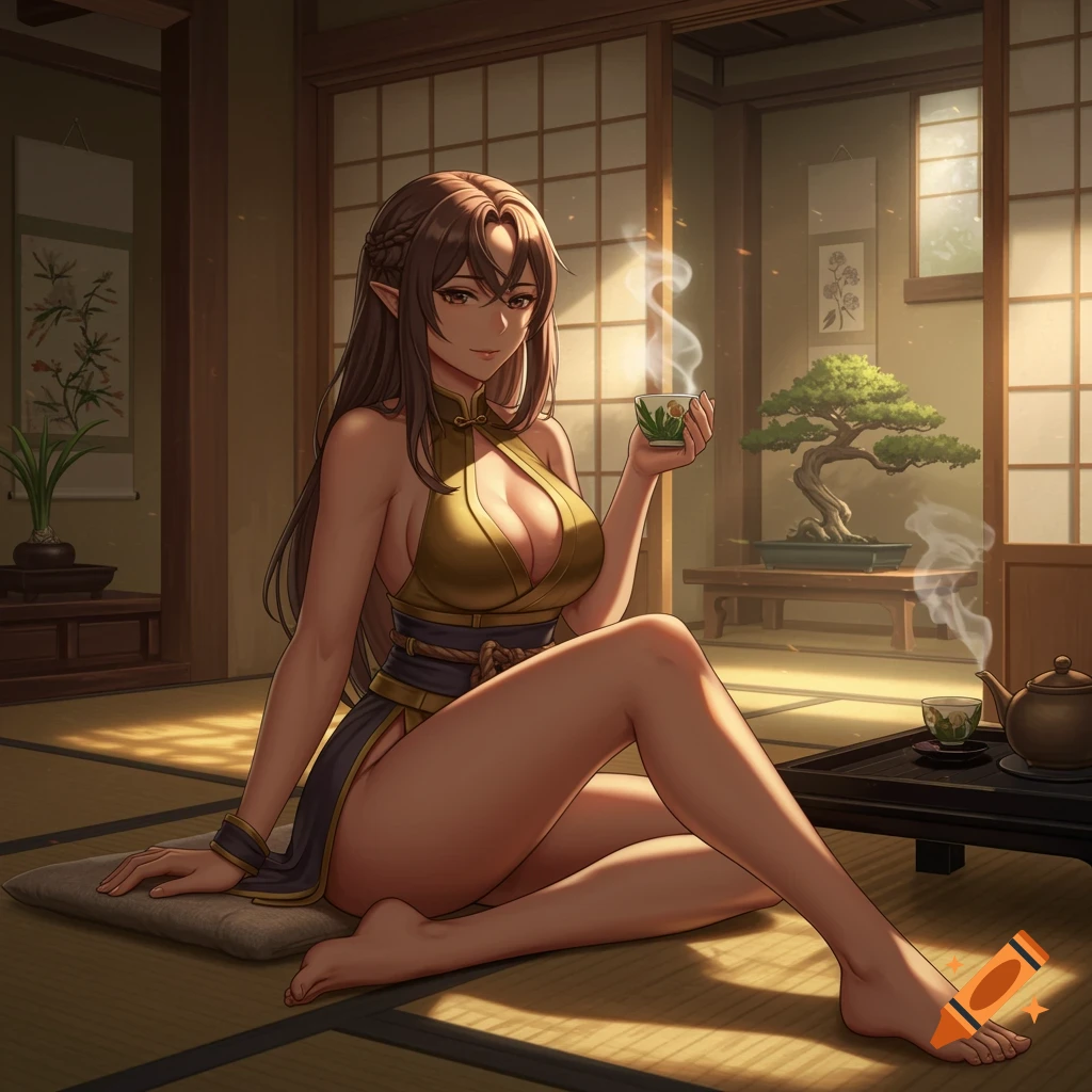 An anime-style woman with long brown hair and elf ears sits on a tatami mat in a traditional Japanese room, holding a steaming cup of tea. A bonsai tree and tea set are nearby.
