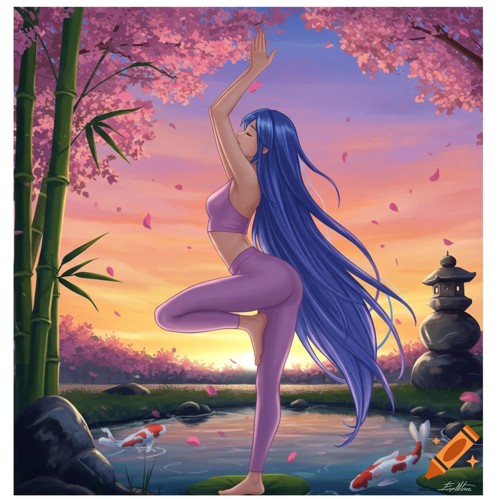 Anime-style girl with long blue hair doing yoga in a tree pose amidst cherry blossoms and bamboo by a pond with koi fish at sunset.