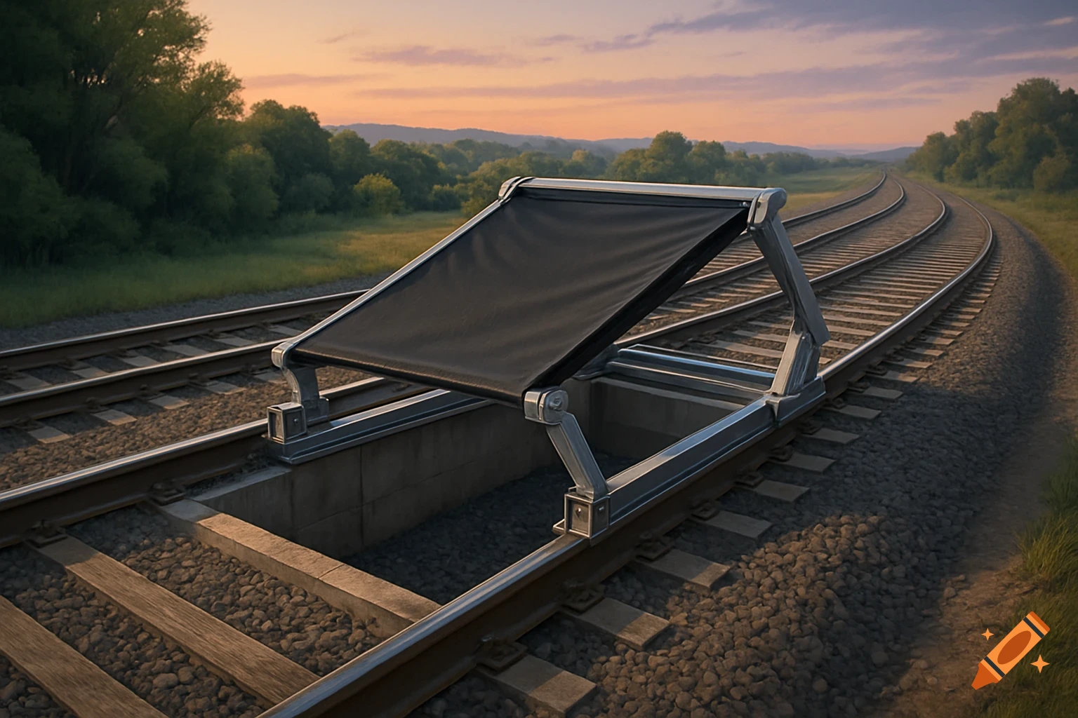 A black cover mechanism over a sump between railroad tracks at sunset, with trees and hills in the background.