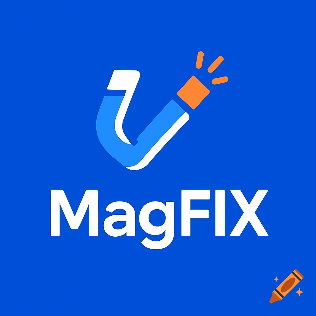 A modern blue logo with a stylized magnet icon in blue and white with an orange accent, and the word 'MagFIX' in white text.