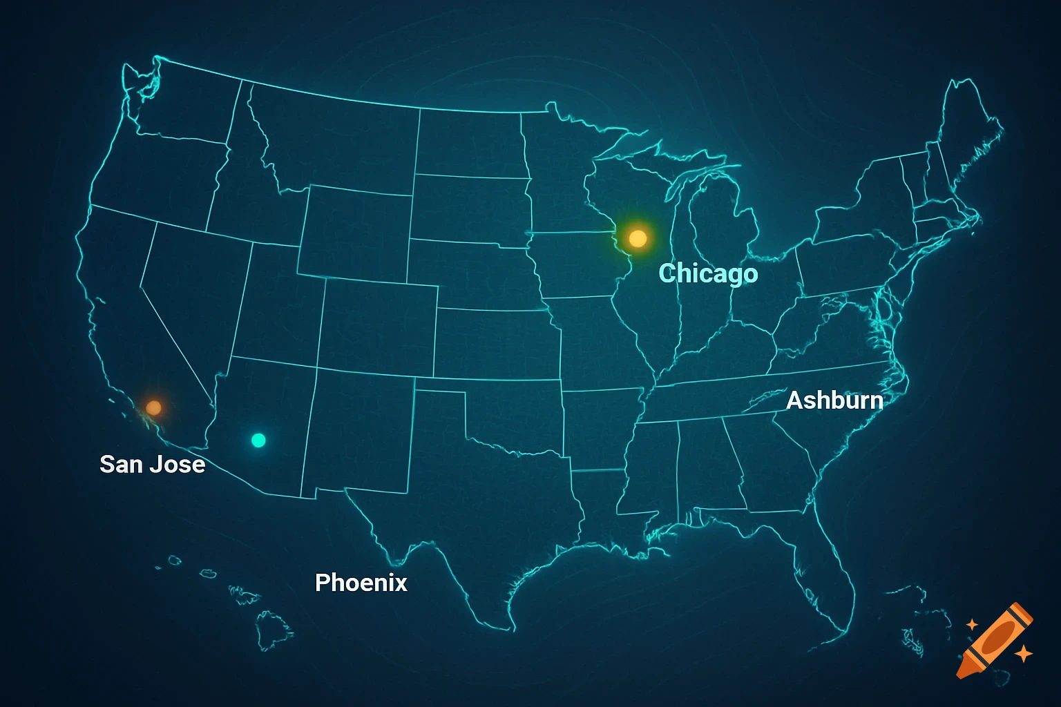 A glowing blue outline map of the United States with dots and labels for San Jose, Phoenix, Chicago, and Ashburn.