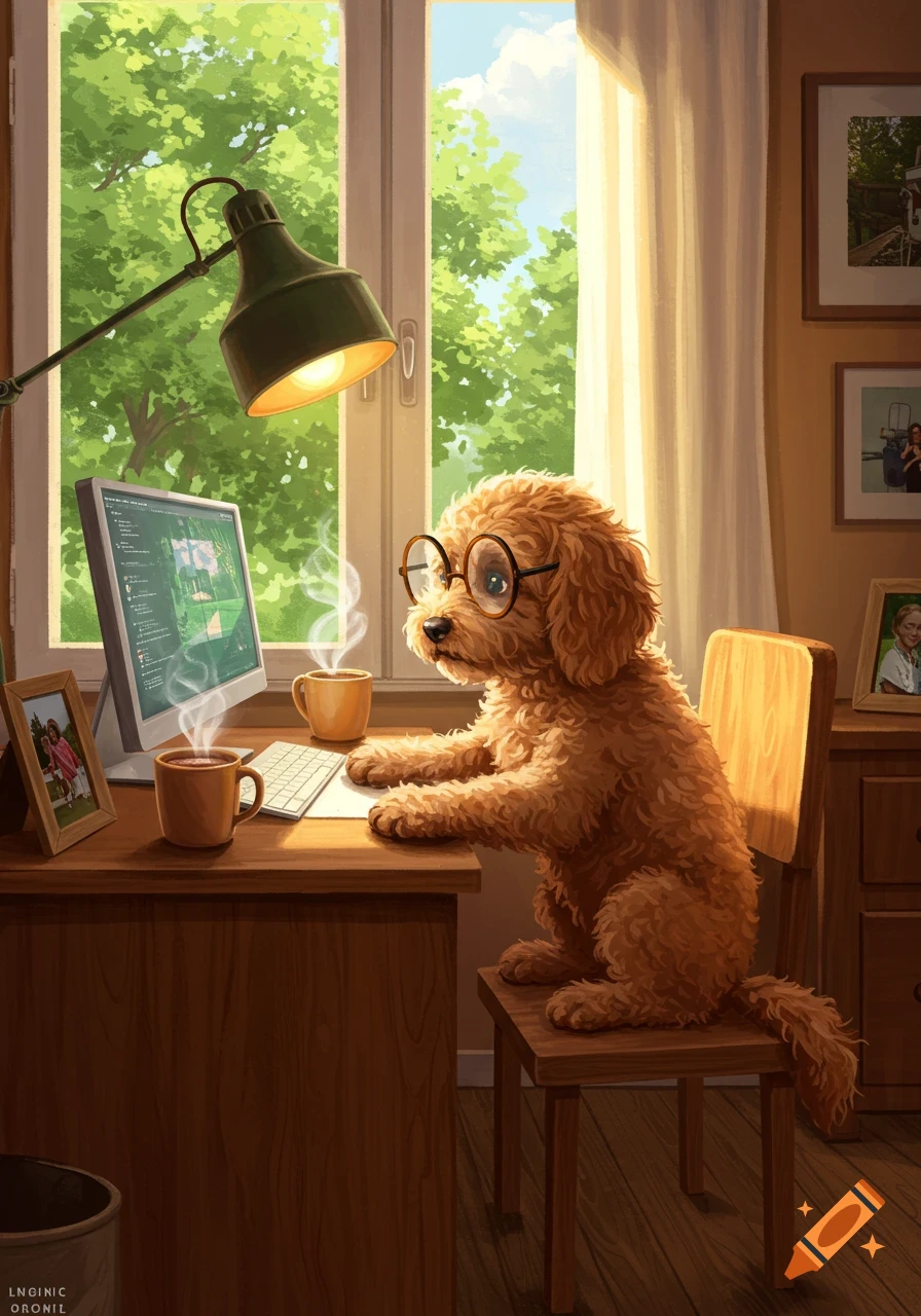 A fluffy golden doodle wearing round glasses sits at a wooden desk, typing on a computer. Two steaming mugs are on the desk, with green trees visible outside the window.