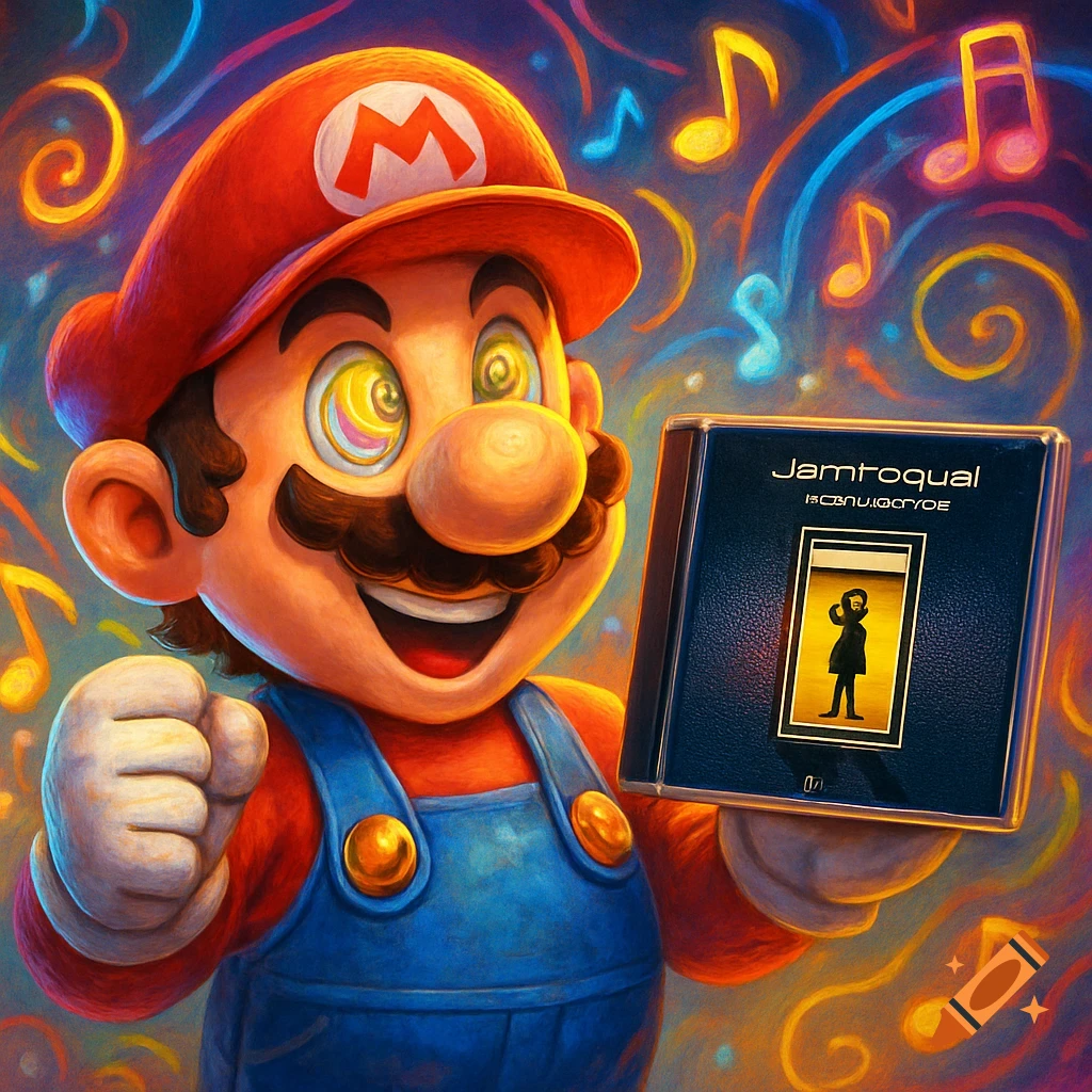 Colorful illustration of Mario with swirling eyes, holding a CD case with a figure on it, surrounded by vibrant musical notes.