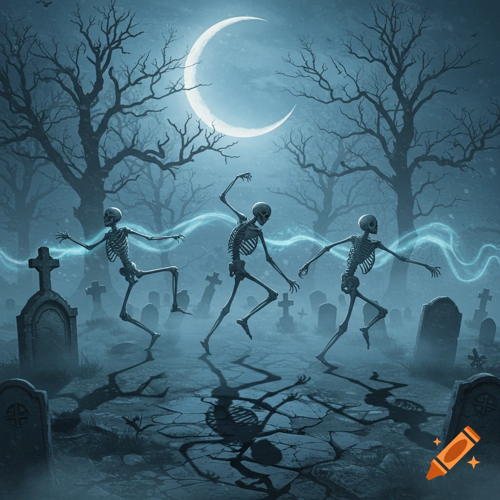 Three skeletons dance in a foggy graveyard under a large crescent moon, with spooky trees and gravestones in the background.