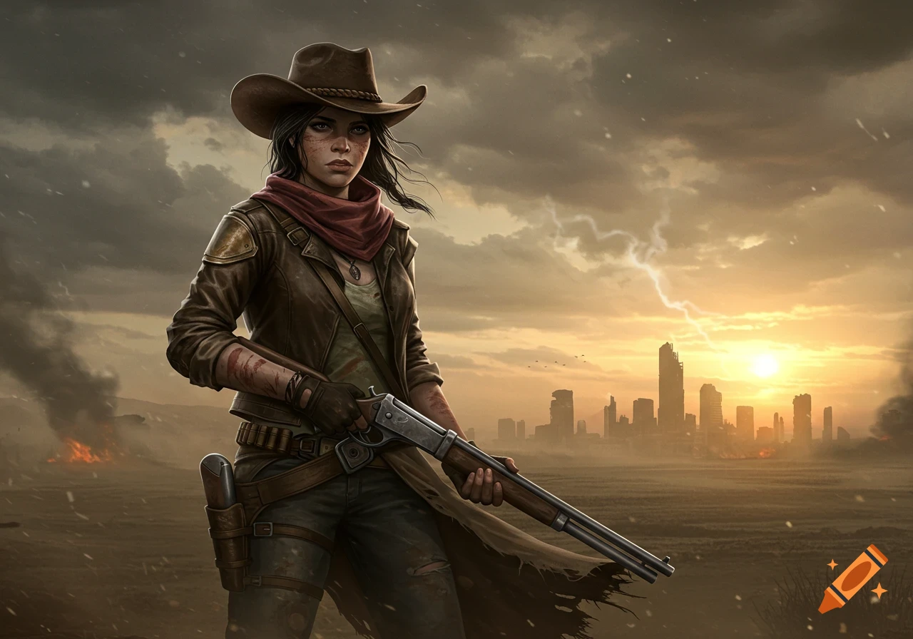 A post-apocalyptic cowgirl survivor with a rifle stands in a desert wasteland before a ruined city and stormy sunset.