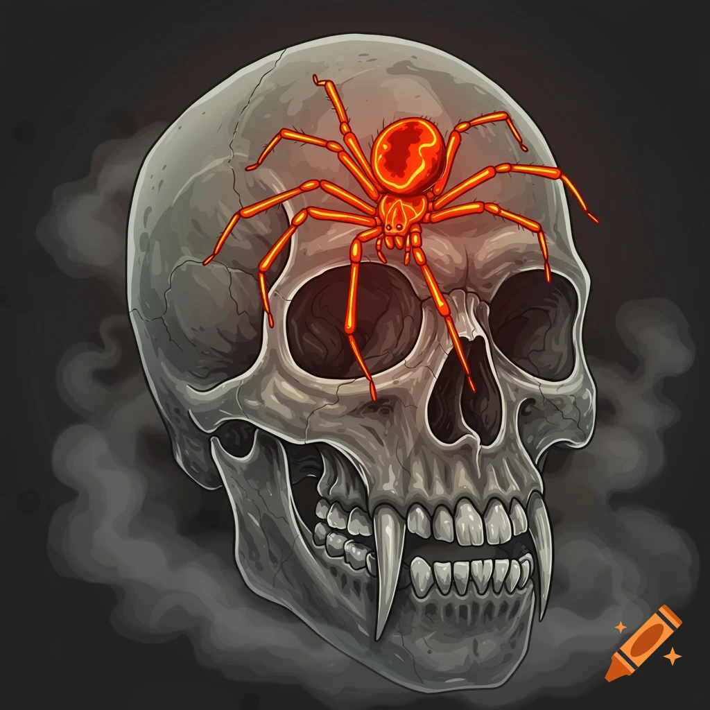 A vector illustration of a gray skull with fangs and a glowing neon orange spider on its head, against a dark smoky background.