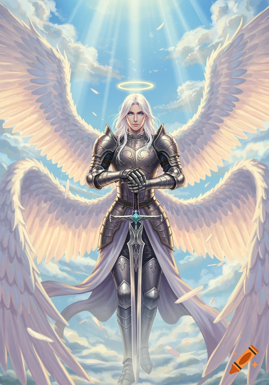 An anime angel man with white hair, blue eyes, and large white wings stands in full medieval armor, holding a long sword in a cloudy sky with sun rays.