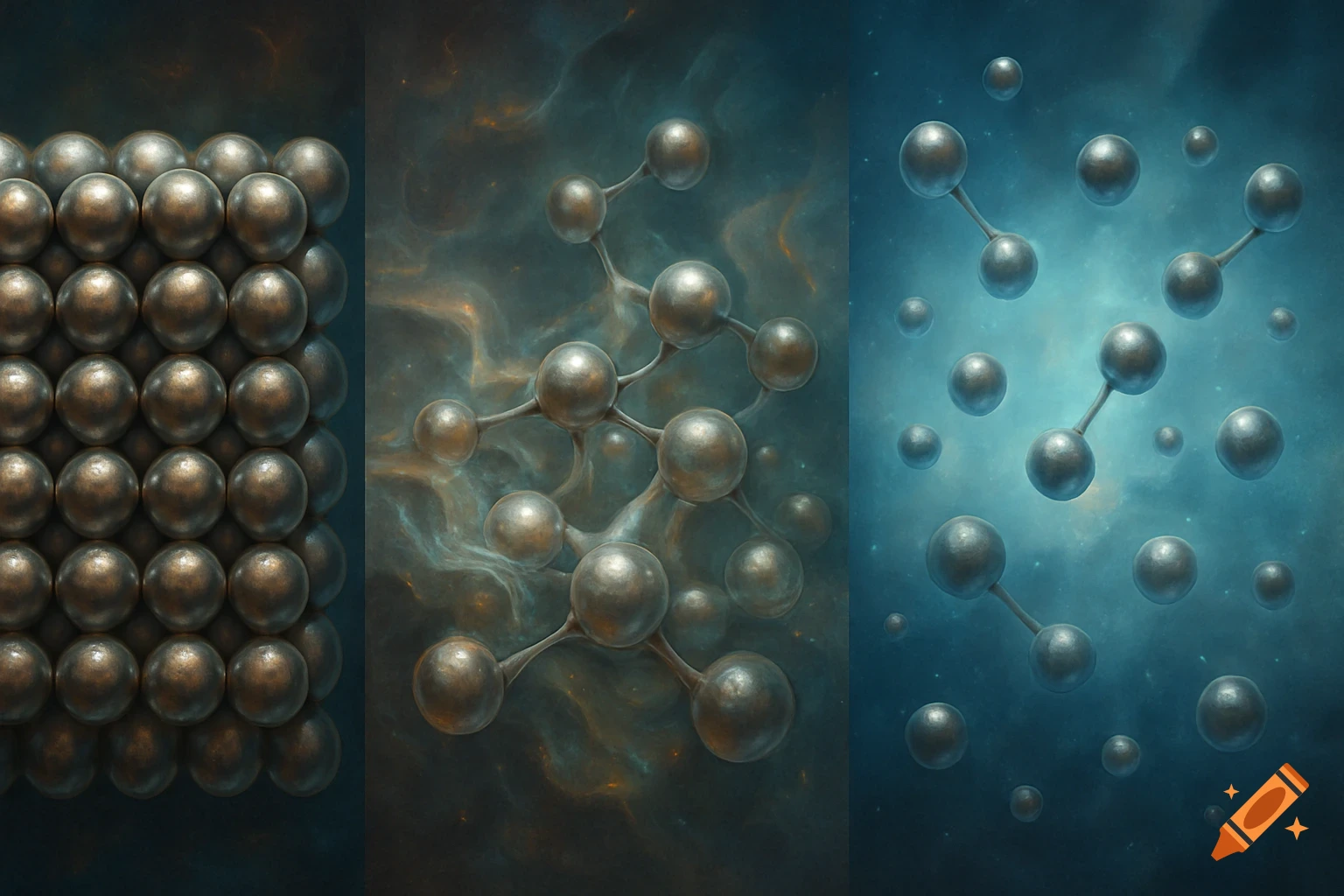 Three panels illustrating the particle model of matter: solid spheres, complex liquid structures, and sparse gas molecules.