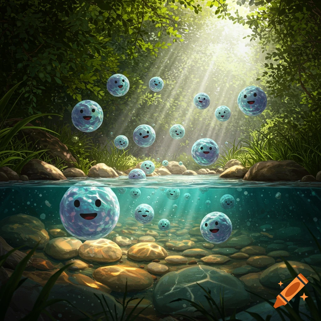Smiling, translucent blue spheres float in and above a sunny forest stream with lush greenery.