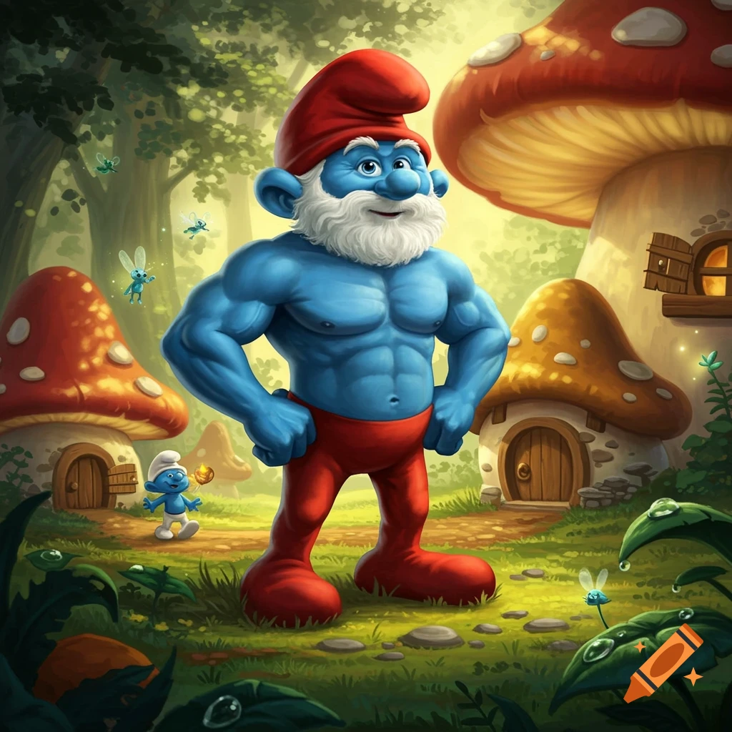 A muscular Papa Smurf with a white beard and red hat stands in a vibrant forest with mushroom houses and a small Smurf.