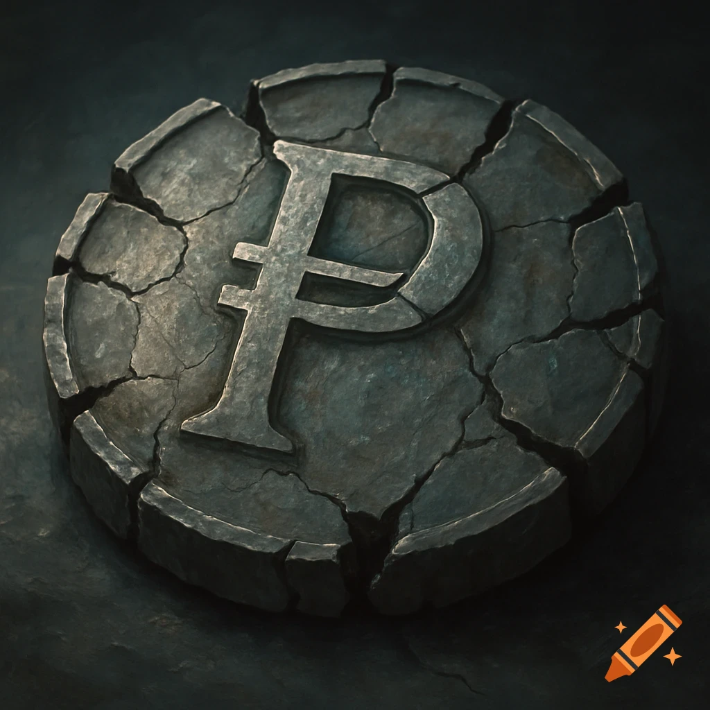 A dark, cracked stone coin with a prominent raised Philippine Peso (₱) symbol on its surface.