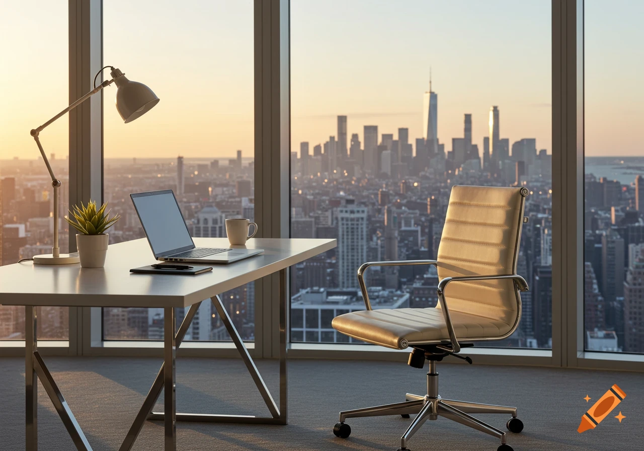 Photorealistic image of an empty office desk with a laptop and a plant, overlooking a city skyline at sunset.