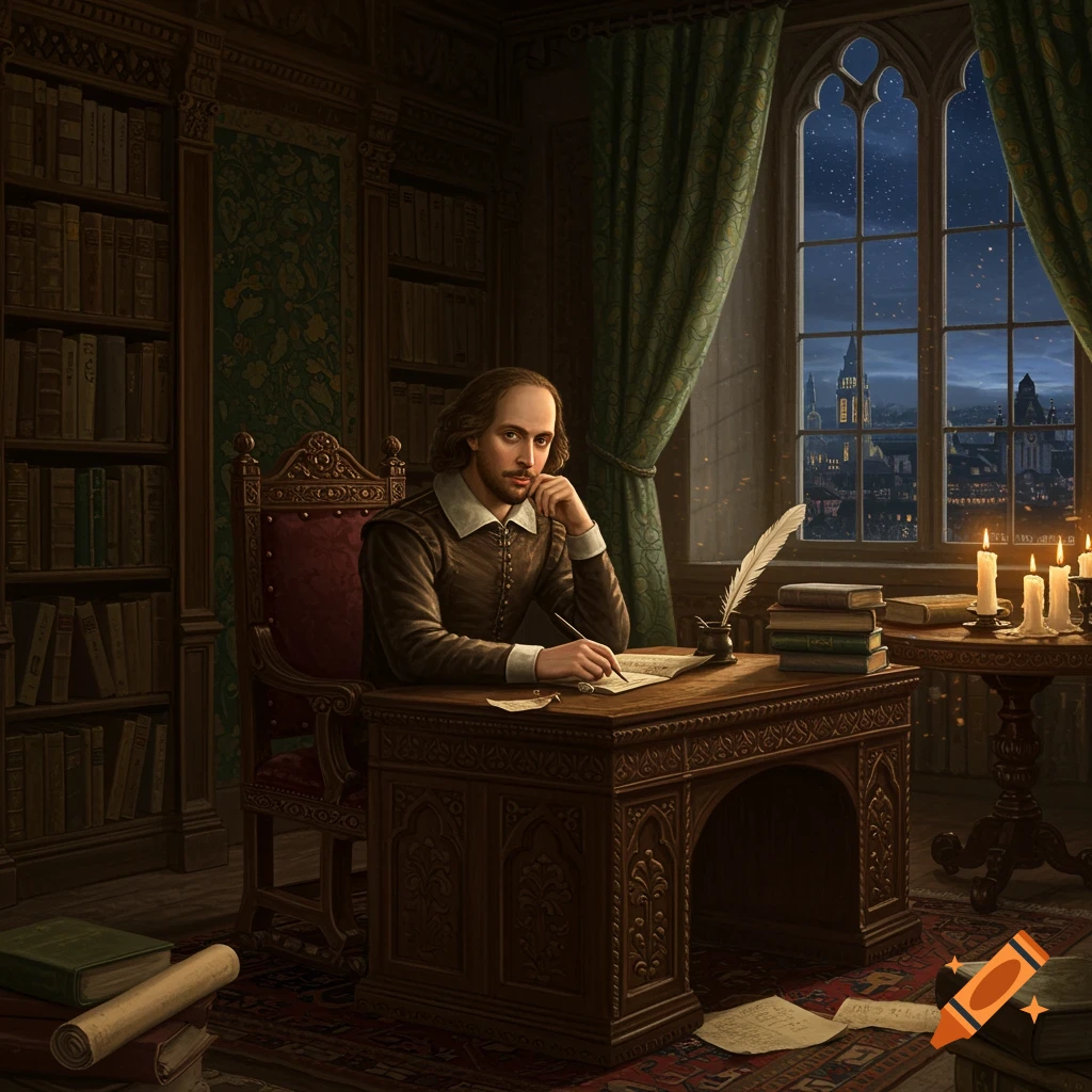 A man resembling Shakespeare sits at a wooden desk in a dimly lit, ornate study, writing by candlelight with a quill, city lights visible outside the window.