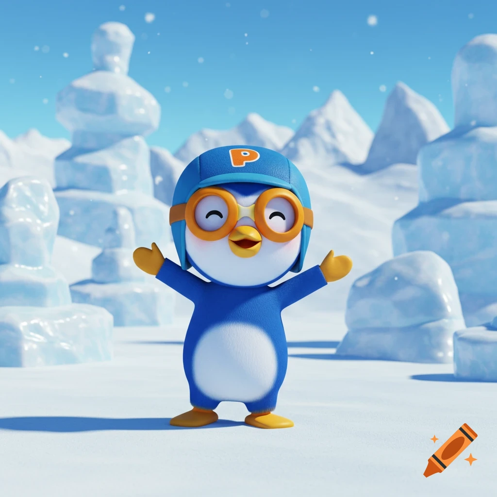 A happy cartoon penguin wearing a blue helmet with an orange 'P' and goggles, standing in a snowy landscape with ice formations and mountains.