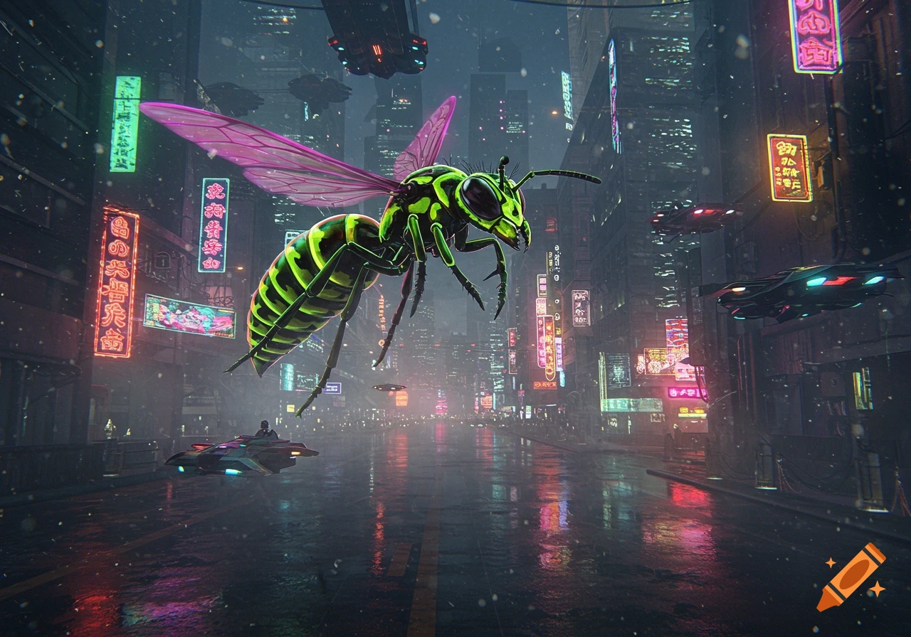 A giant neon green and purple wasp hovers over a wet, neon-lit cyberpunk street with flying vehicles and tall buildings.
