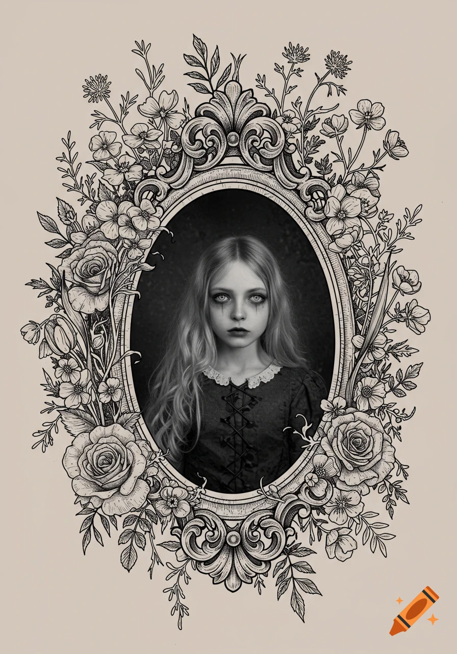 Somber young girl with long blonde hair and dark eyes in an ornate oval frame, surrounded by detailed black and white floral illustrations.