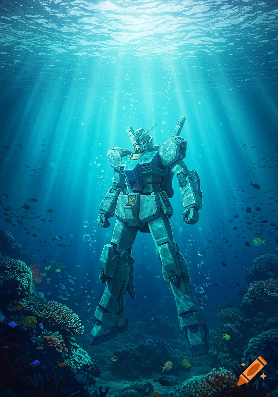 A large Gundam mech stands on the vibrant ocean floor, surrounded by schools of colorful fish and coral, with sunbeams piercing through the blue water from the surface.