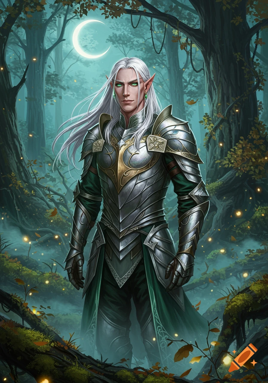 A male elf warrior with long white hair and green eyes stands in moonlit armor in an enchanted forest.
