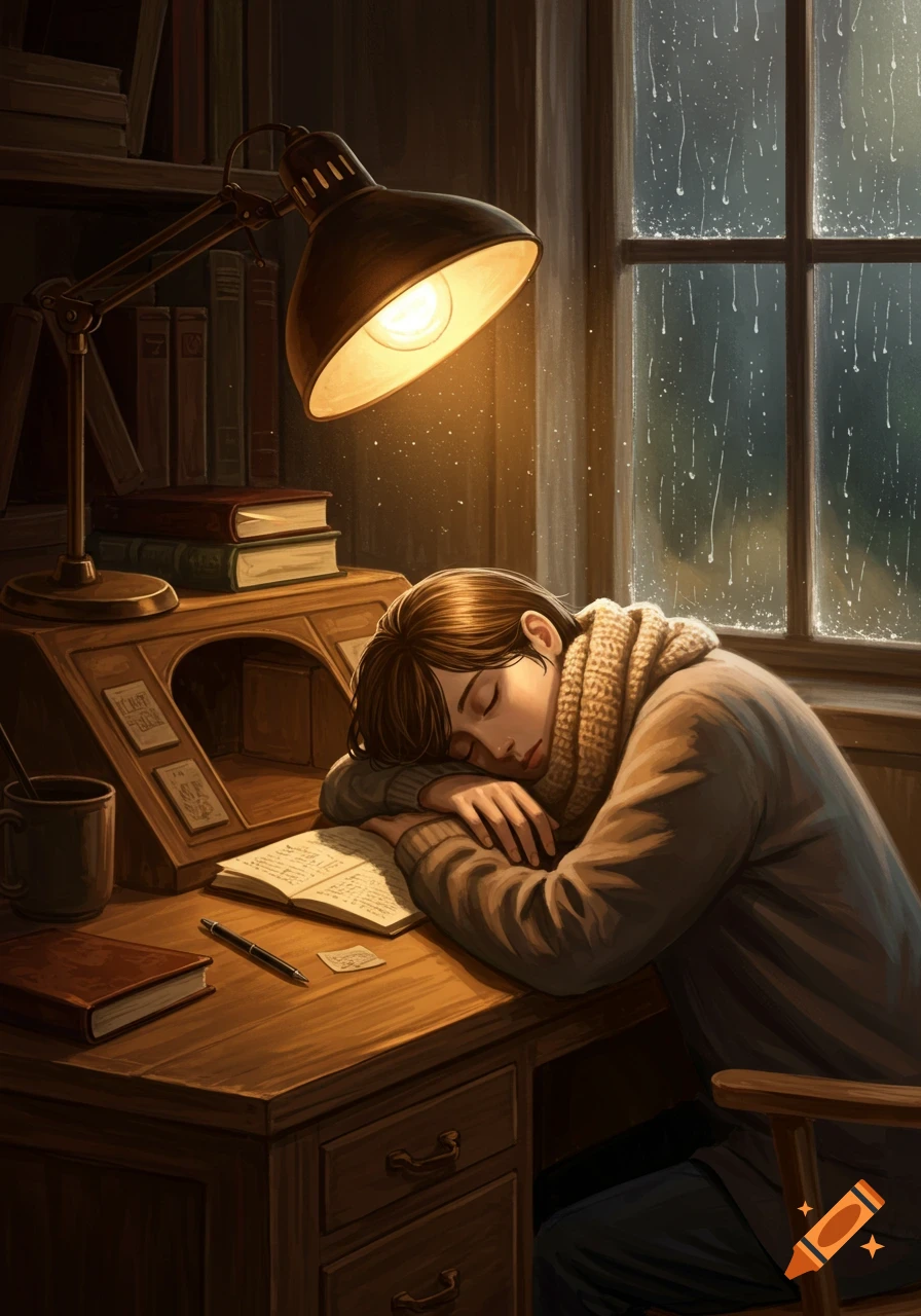A person with brown hair and a knitted scarf sleeps on a desk, resting their head on an open book, under the warm glow of a desk lamp, as rain streaks down a window.