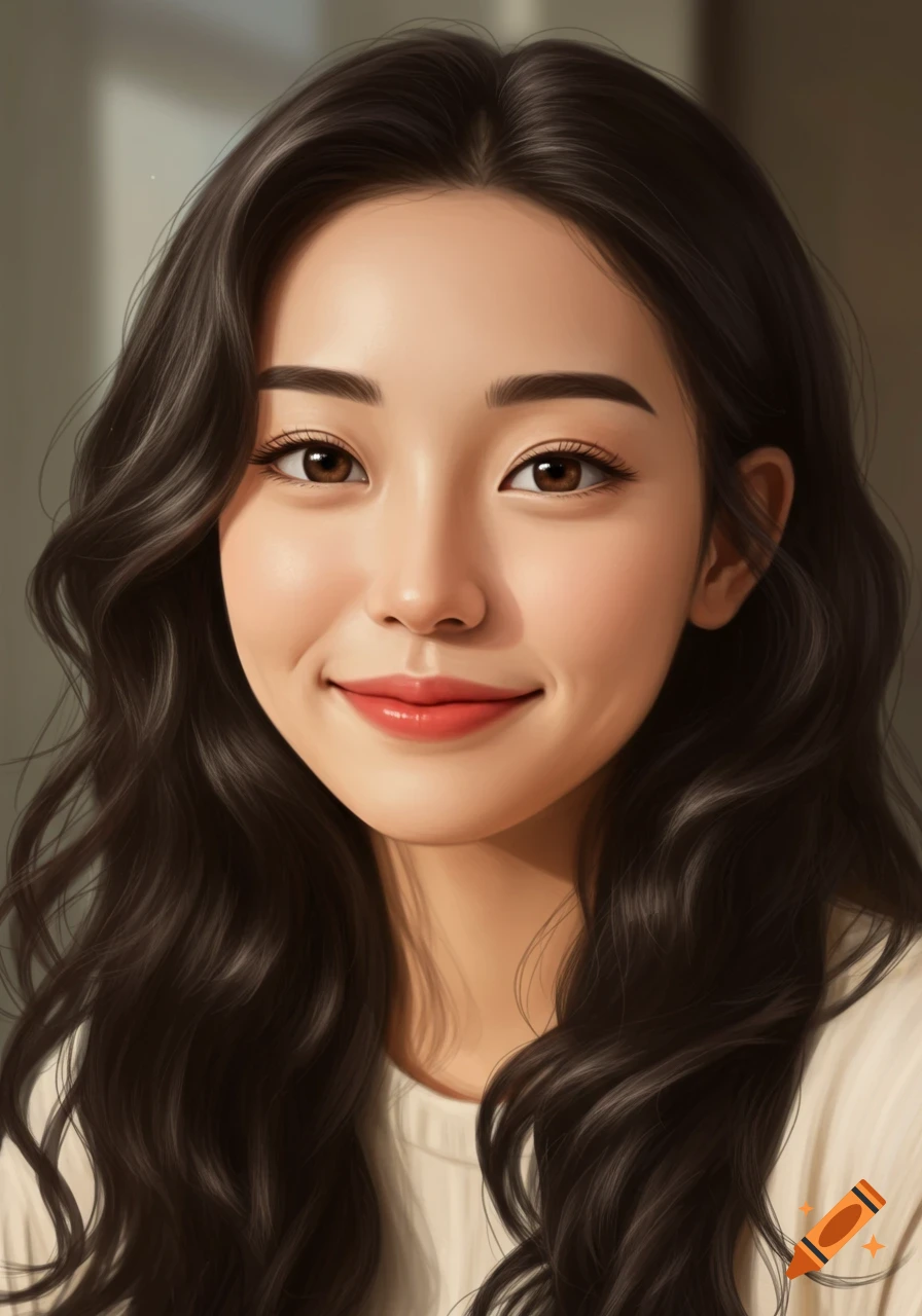 A young woman with long dark wavy hair, brown eyes, and red lips smiles softly in a realistic portrait.