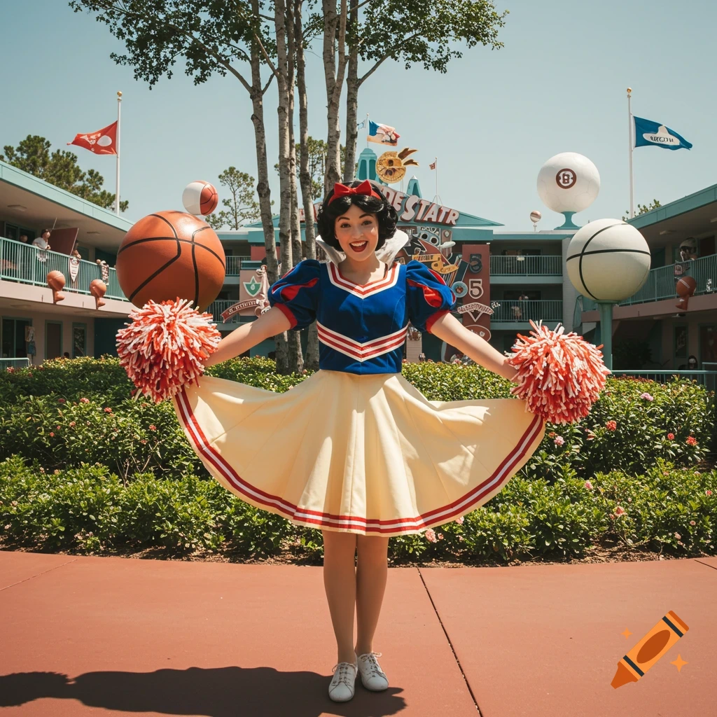 Snow White dressed as a cheerleader, holding red and white pom-poms, smiles broadly in front of a building with large sports balls and flags at a resort.