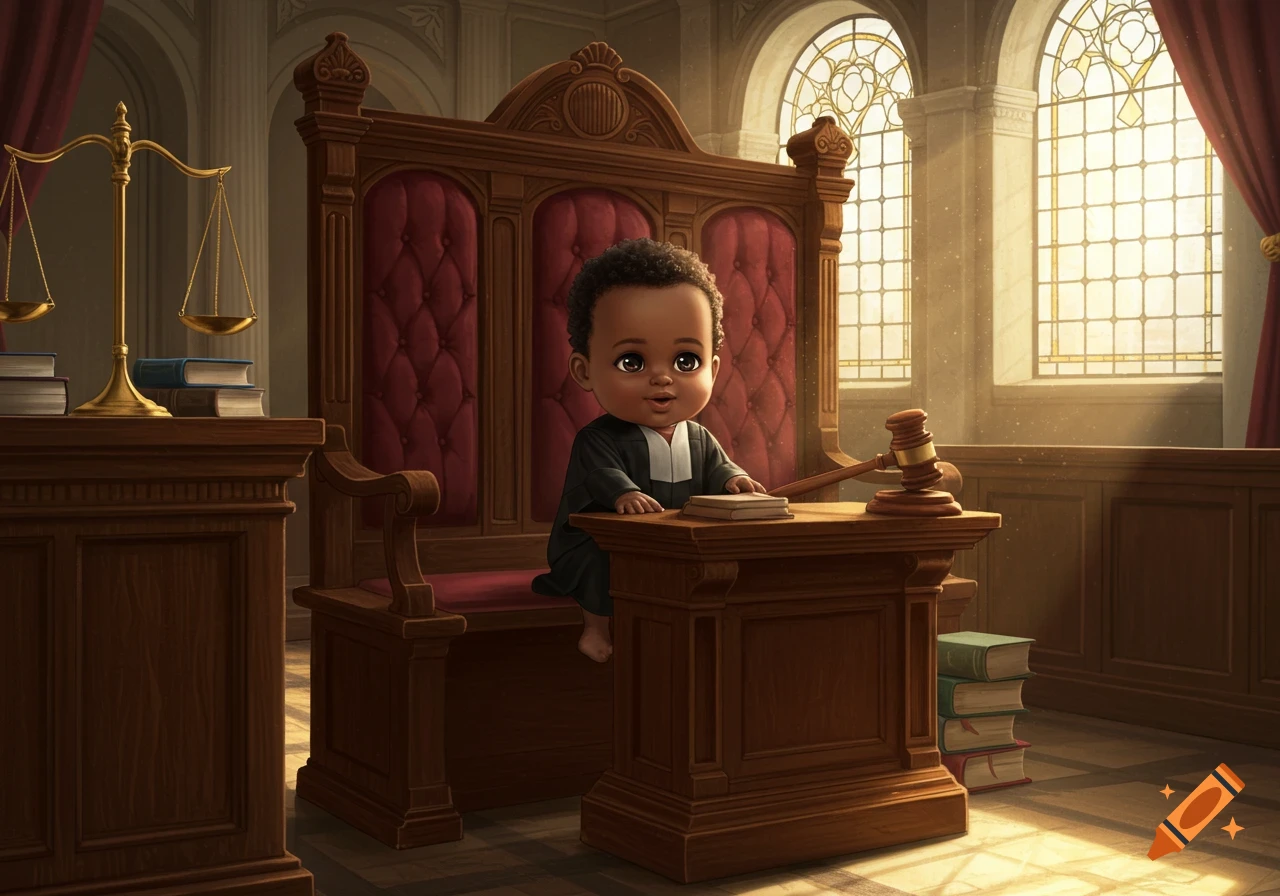 A cute black baby judge in a cartoon style presiding over a courtroom with a gavel and books.