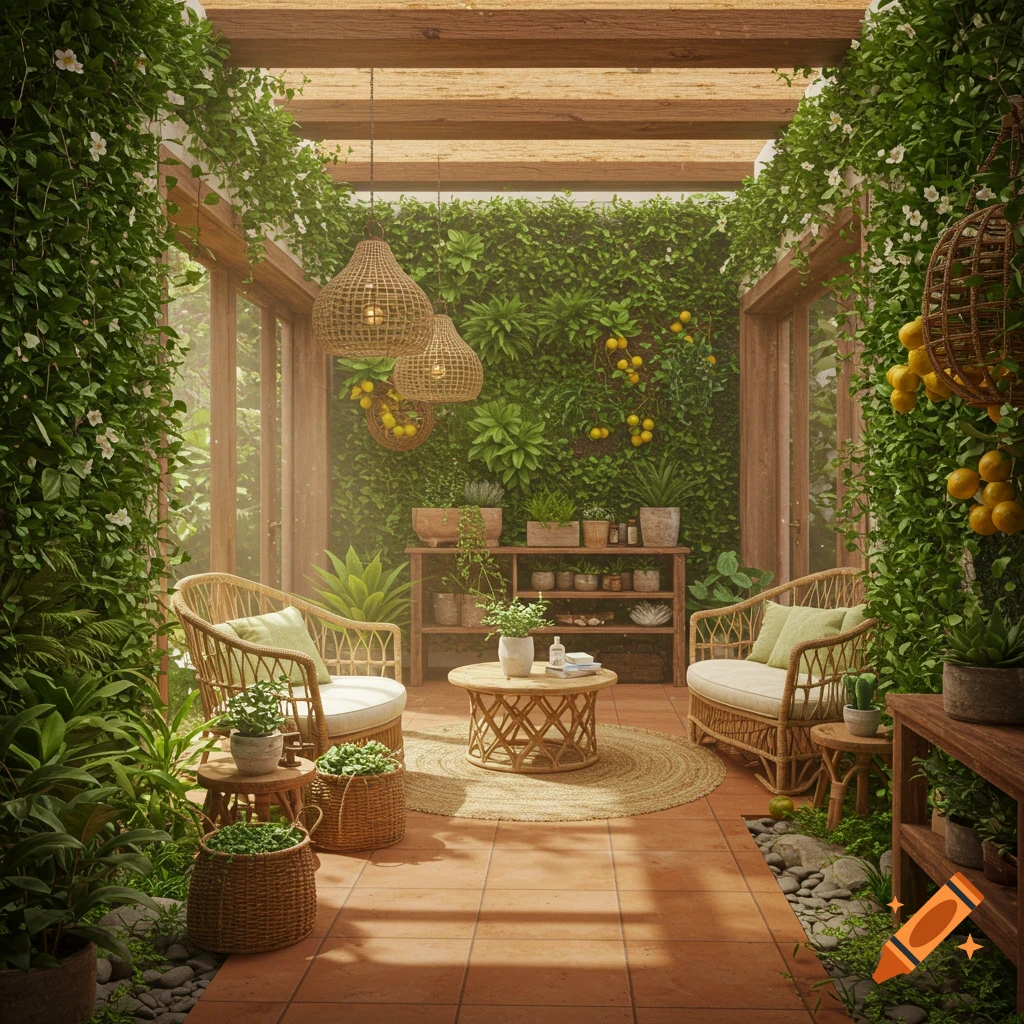 A bright, lush indoor garden room with rattan furniture, a wooden trellis ceiling, and walls covered in vibrant green plants and hanging lemons.