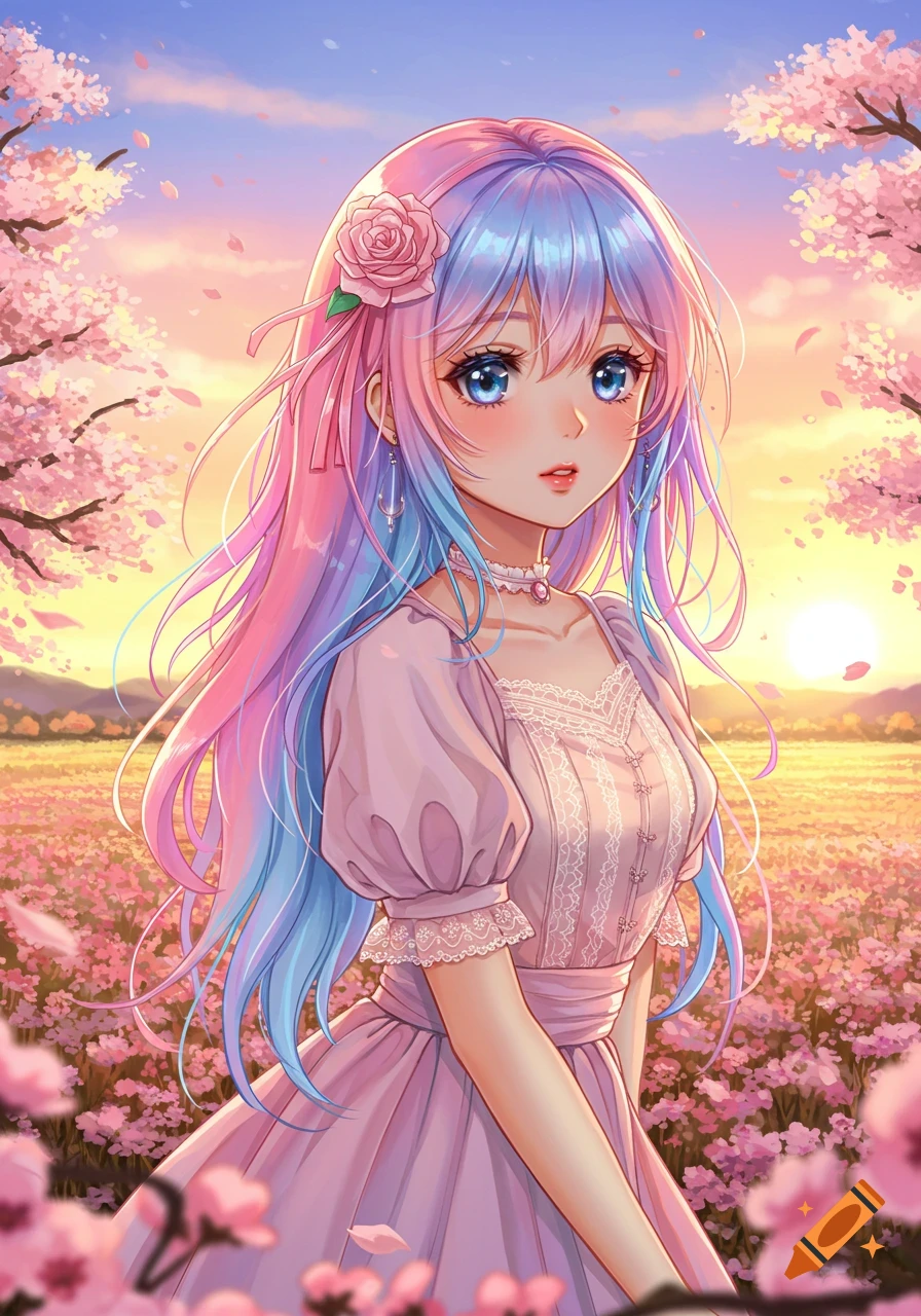 An anime girl with long, flowing pink and blue hair, wearing a pink dress, stands in a field of cherry blossoms at sunset.