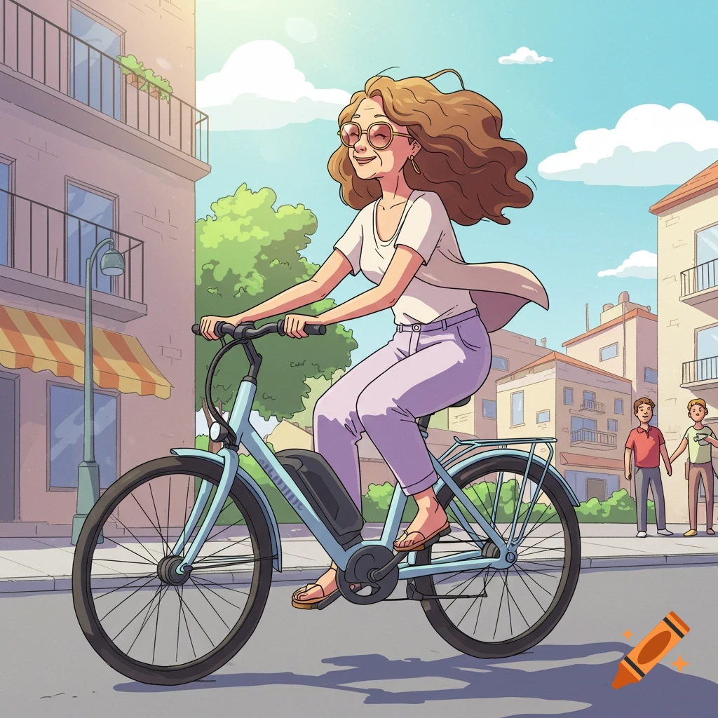 A cartoon woman with long curly hair and sunglasses smiles while riding an e-bike on a sunny city street.