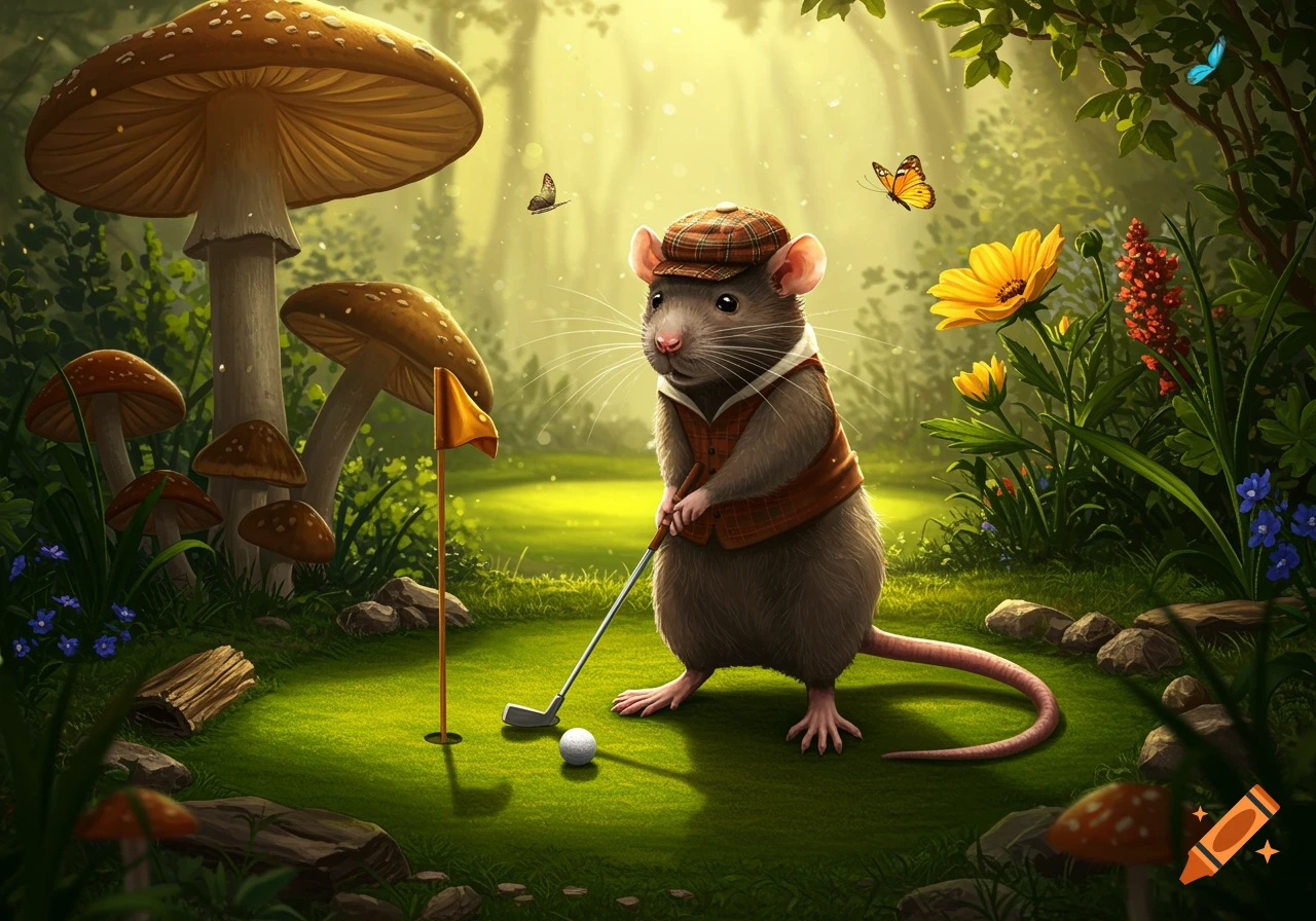 A whimsical illustration of a rat in a plaid vest and cap playing golf in a sunlit forest with large mushrooms.