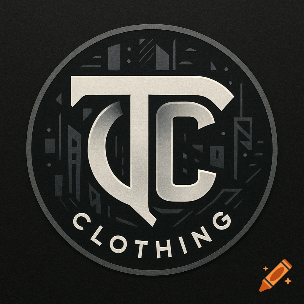 Circular black and grey logo featuring stylized white initials 'TC' above 'CLOTHING' with an abstract urban background.