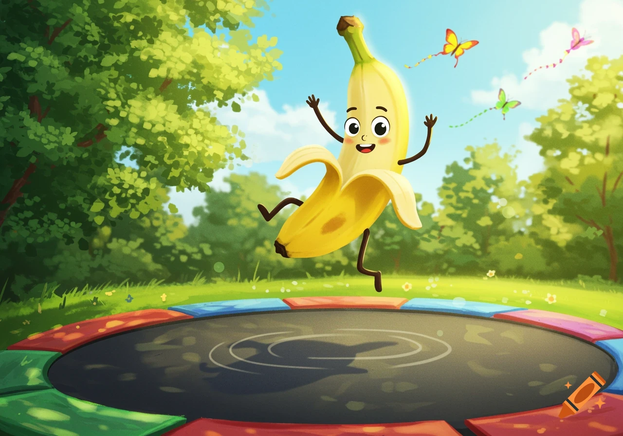 A happy cartoon banana character with a peeled skin bottom jumps on a trampoline in a sunny park with trees and butterflies.