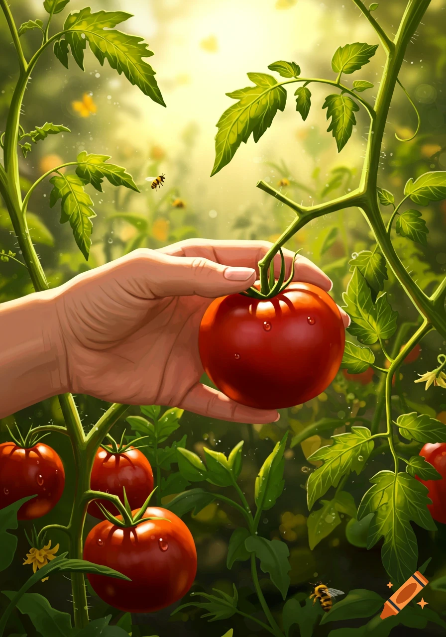 A hand reaches into a sunny garden to pick a ripe red tomato from the vine, with other tomatoes and green leaves visible.