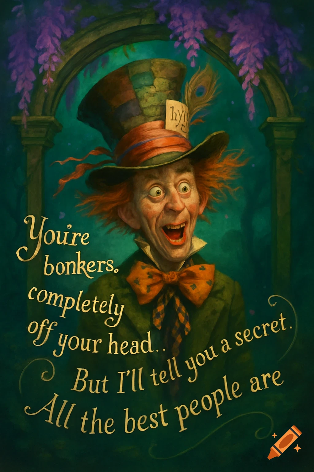 An expressive, wide-eyed Mad Hatter from Alice in Wonderland, with wild red hair, a patched top hat, and an orange bowtie, set against a teal background with purple wisteria. Text reads: "You're bonkers, completely off your head... But I'll tell you a secret. All the best people are"