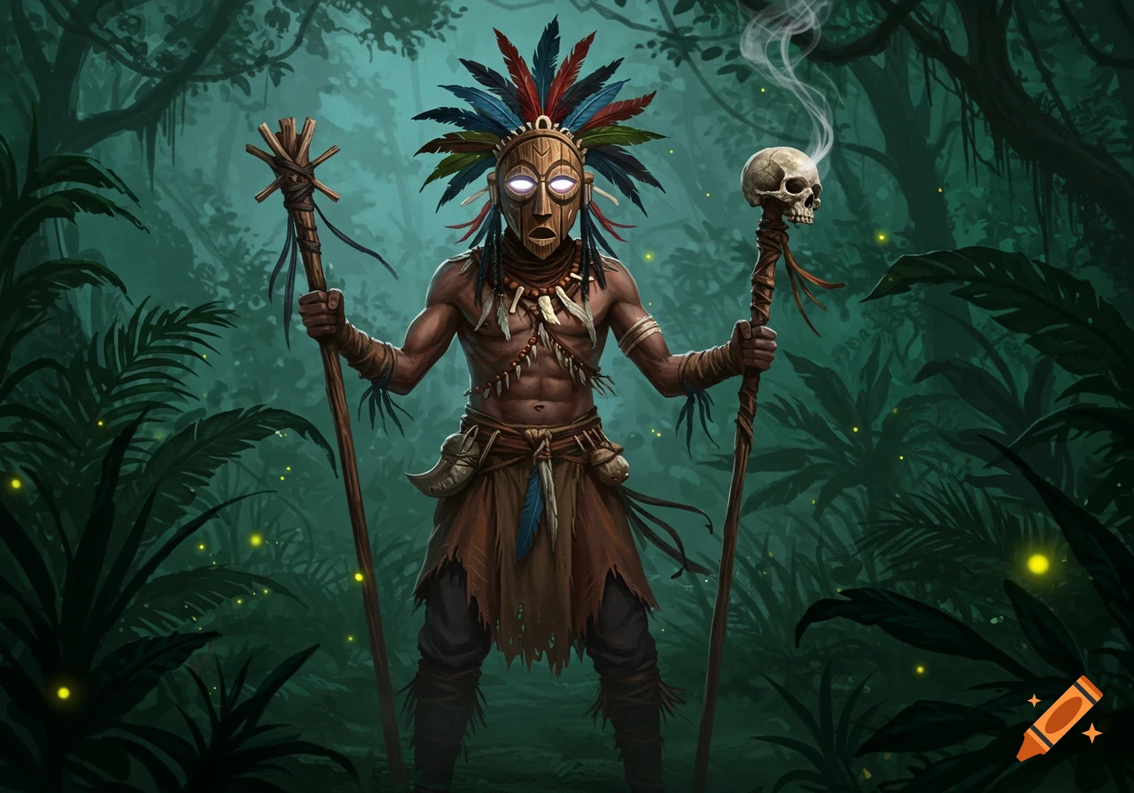 A tribal witch doctor in a feathered mask with glowing eyes stands in a dark, mystical jungle, holding staffs, one with a smoking skull.