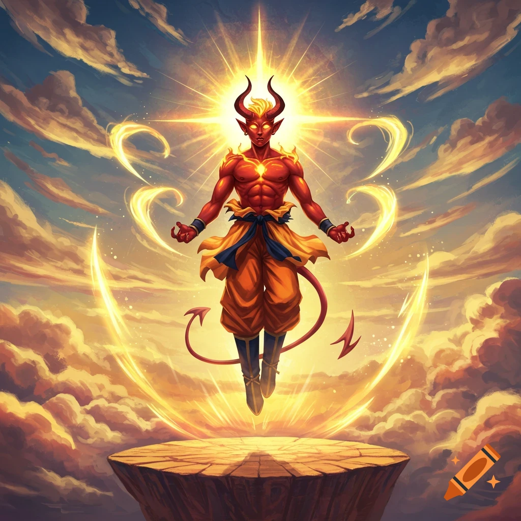 A powerful red-skinned, horned, and tailed figure with a glowing aura floats above a rock platform against a vibrant, cloudy sky in an anime fantasy style.