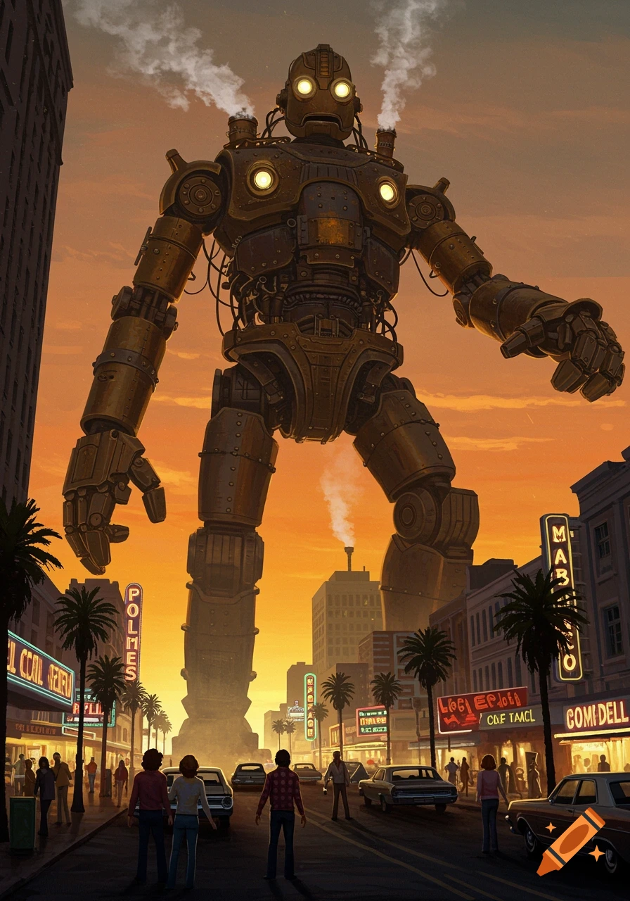 A colossal steampunk robot looms over a 1970s city street at sunset, as small figures look up in awe.
