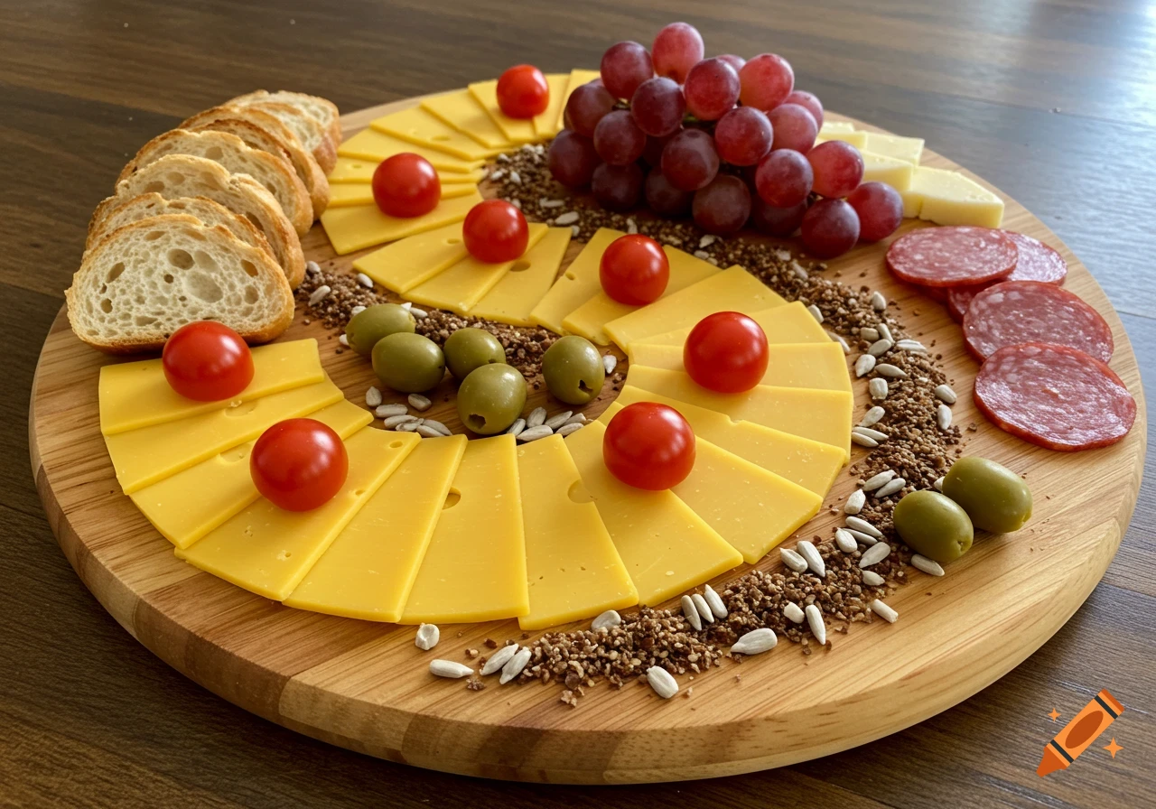 A charcuterie board with yellow cheese slices, red grapes, green olives, cherry tomatoes, salami, and sliced baguette.