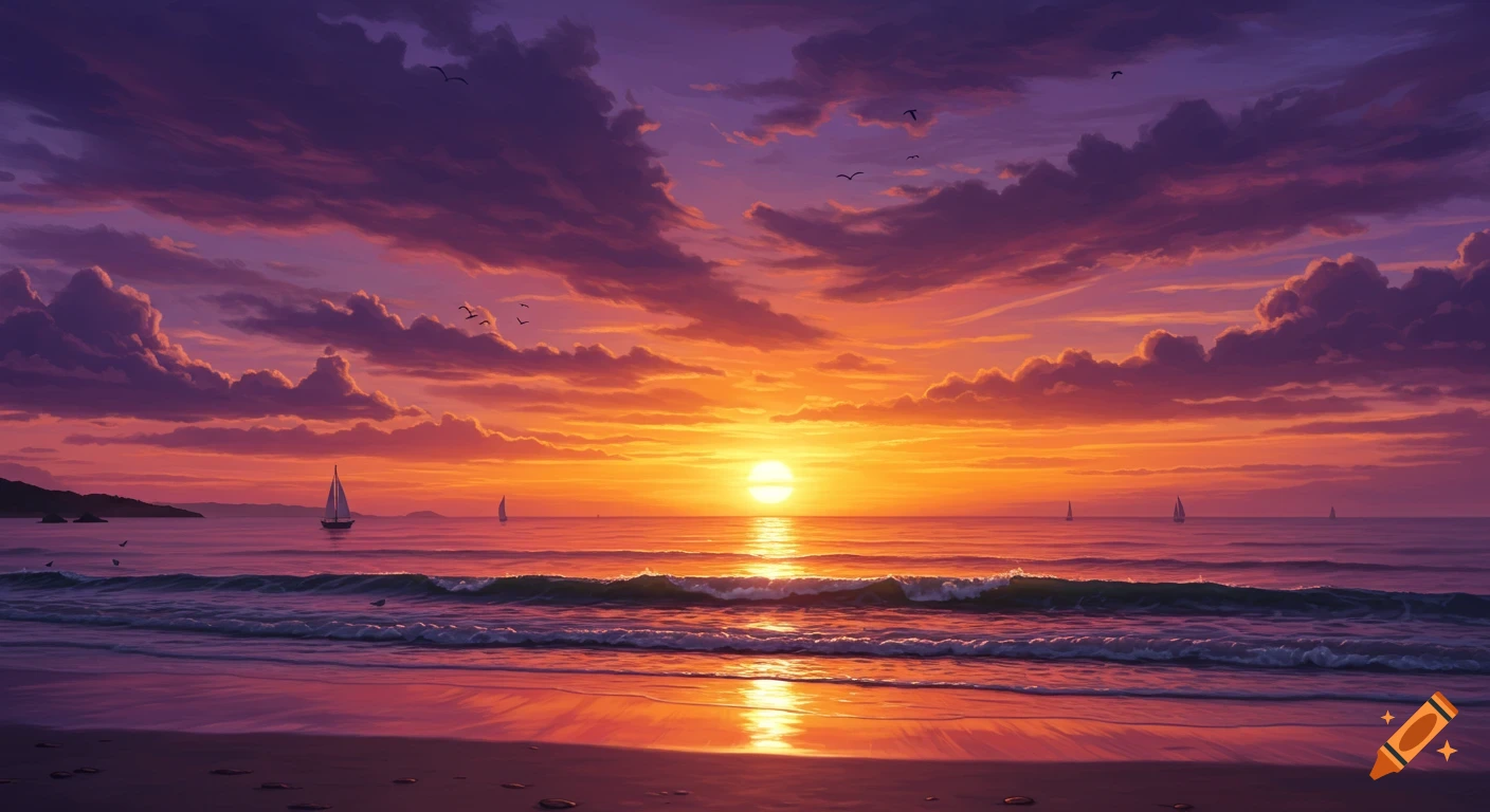 A vibrant sunset over an ocean beach with waves crashing on the shore and sailboats in the distance.
