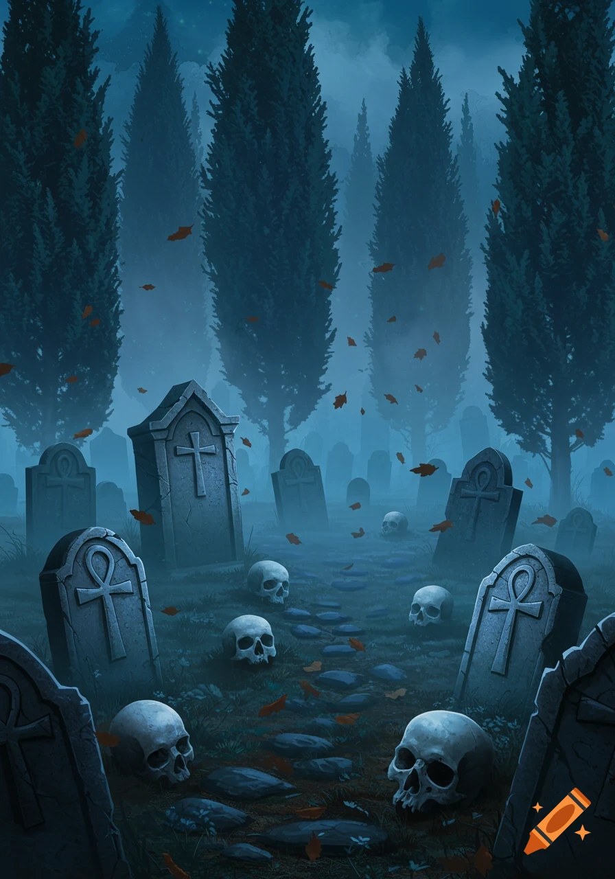 A moody, dark graveyard scene with tombstones, scattered skulls, and tall, dark cypress trees under a misty, twilight sky.