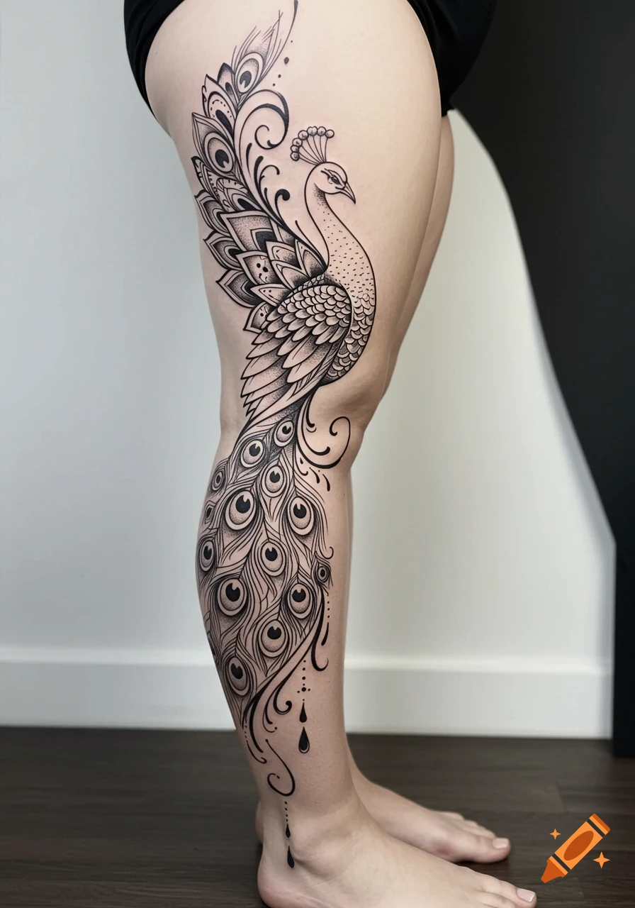 Full leg sleeve tattoo of a black and white peacock and mandala design.