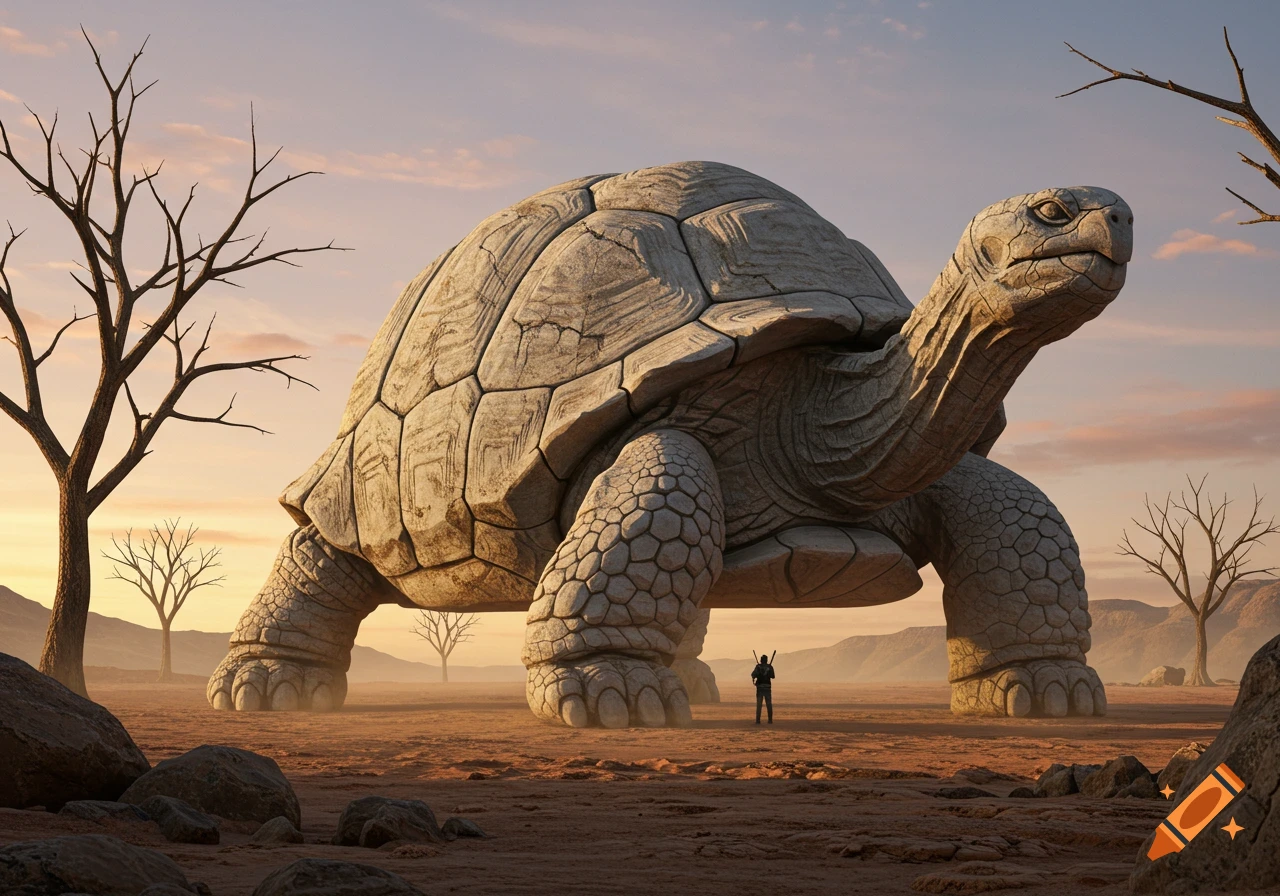 A small human figure stands before a colossal tortoise made of cracked stone, in a barren desert with sparse, leafless trees at sunset.
