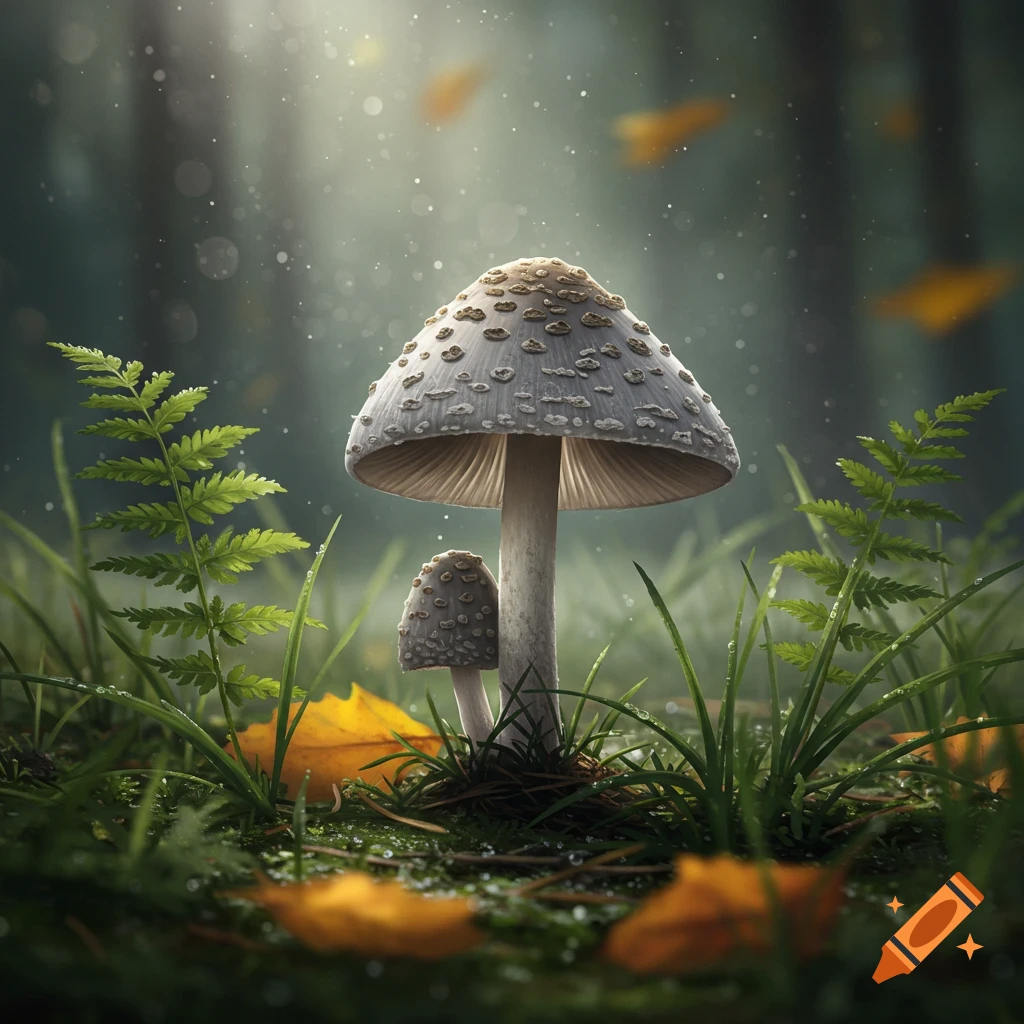 A large grey speckled mushroom and a smaller one on a forest floor with grass, ferns, and autumn leaves under soft sunlight.
