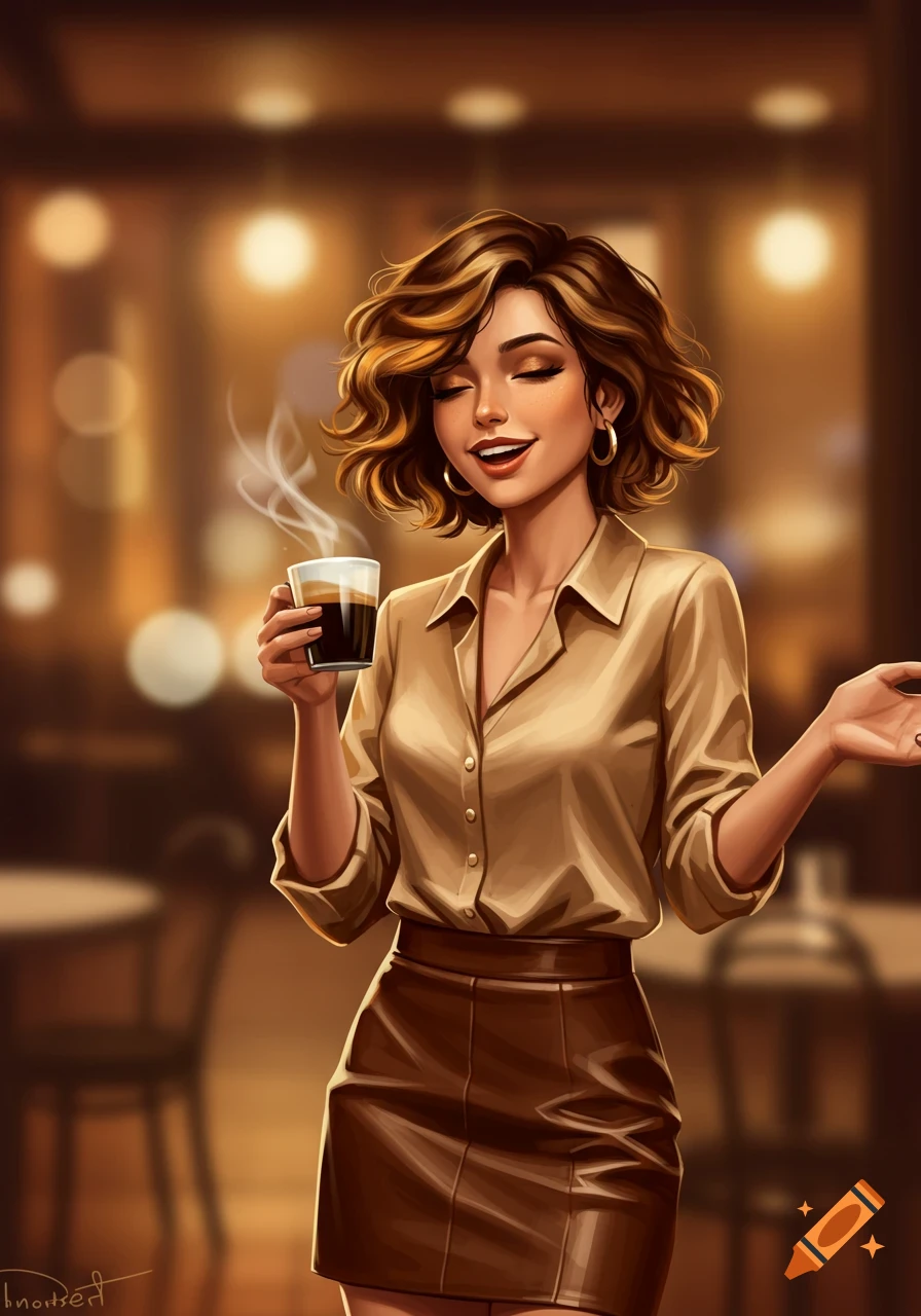 Illustrated woman with brown curly hair, smiling with closed eyes, holding a steaming espresso in a cafe.