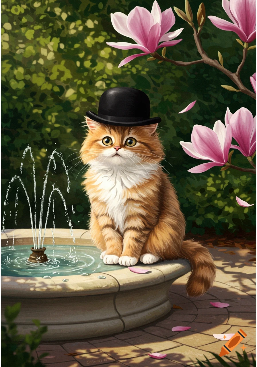 An orange and white fluffy cat wearing a black bowler hat sits on the edge of a stone fountain in a garden with pink magnolia flowers.