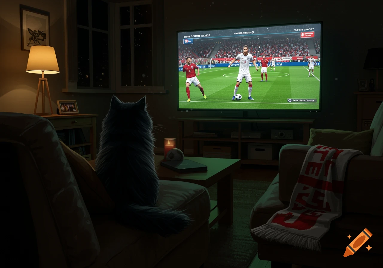 A black fluffy cat sits on a couch in a dim living room, watching a football match on a large TV screen.